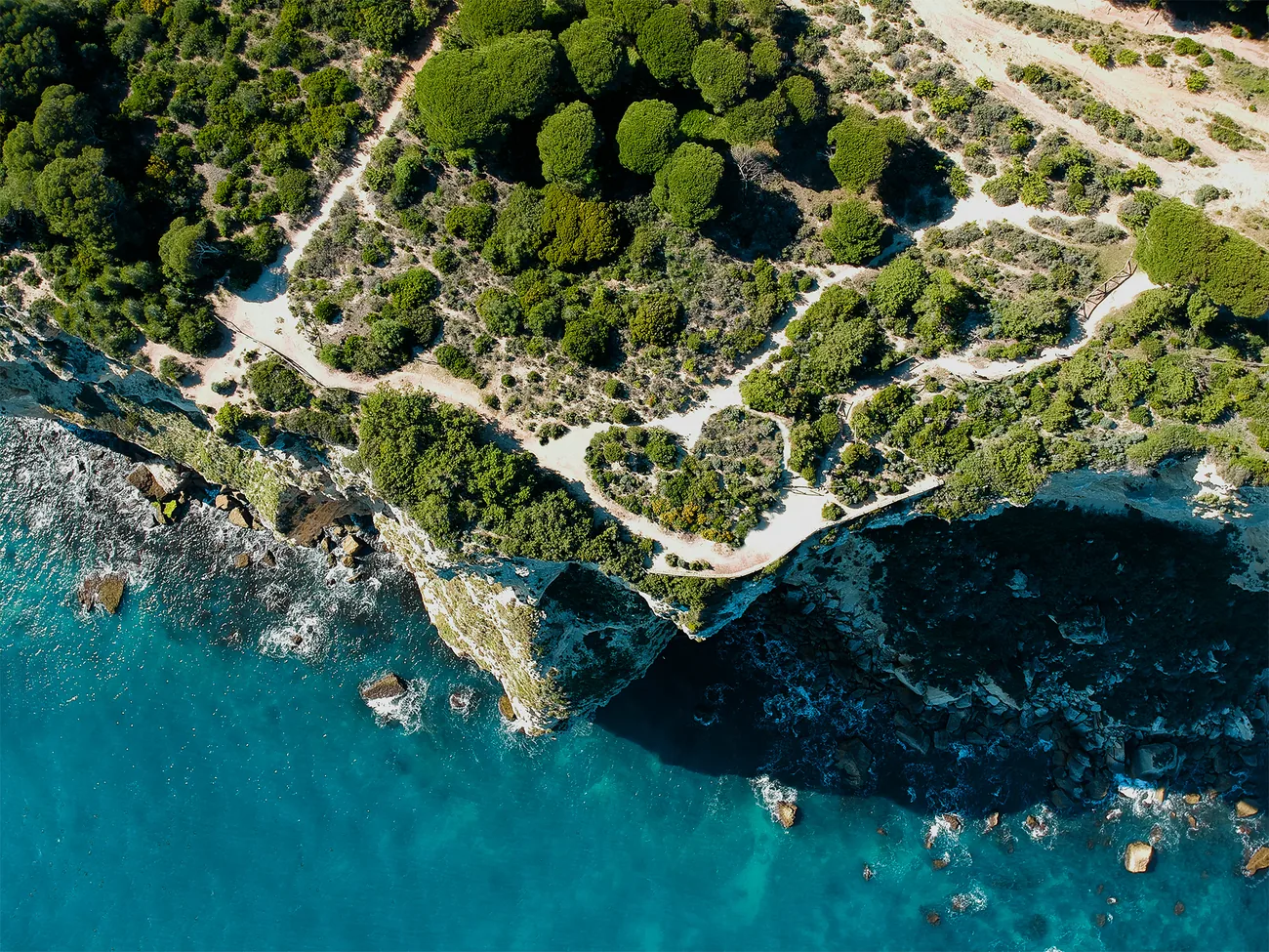 Herzförmige Baumgruppe auf einer Klippe über türkisem Meer, Drohnenaufnahme